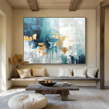 Load image into Gallery viewer, Teal, Gold, and White Abstract Fusion Abstract acrylic painting DLZ073