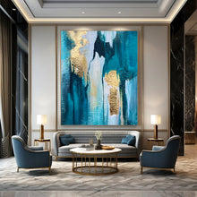 Load image into Gallery viewer, Teal & Gold Drip Abstract Acrylic Art, Nice for Entryway & Gallery Wall LargeART1007