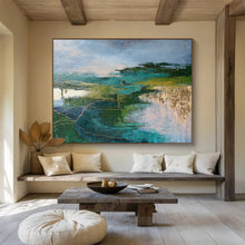 Load image into Gallery viewer, Green and Blue Abstract Landscape with Gold Accents for Modern Farmhouse & Art Gallery DKH129