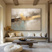 Load image into Gallery viewer, Hand - painted Beige, Gold, and Blue Abstract Layers Acrylic Art for Timeless Living Room Centers LargeART1714