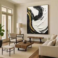 Load image into Gallery viewer, “Gilded Swirls” – Thick black, white, and gold impasto, dynamic curved strokes DTP381
