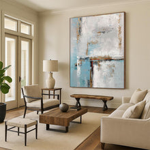 Load image into Gallery viewer, Large - Format Light Blue - Gray Gold Abstract Acrylic Art for Bedroom & Hotel Suite LargeART0375