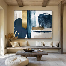 Load image into Gallery viewer, Hand - painted Navy, Gold, and Gray Abstract Forms Acrylic Art for Elegant Home Dining Rooms LargeART1720