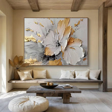Load image into Gallery viewer, Gold and White Floral Textured Abstract Painting on Canvas - “Gilded Beauty” DKH677