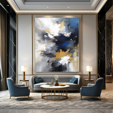 Load image into Gallery viewer, Blue, Gold, Gray & White Abstract Burst Canvas Painting, Perfect for Creative Studio & Energetic Home Gym LargeART1253