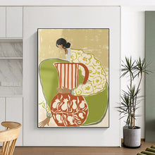 Load image into Gallery viewer, “Figural Vase Harmony” - Green, Yellow, Red, White Abstract Art on Canvas DKH1145