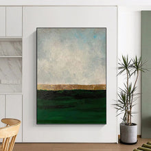 Load image into Gallery viewer, “Gold Horizon Over Green Sea” - Green, Gold, Grey Abstract Art on Canvas DKH1206