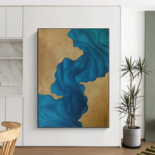 Load image into Gallery viewer, Oversized Blue and Gold Abstract Flow Acrylic for Luxury Hotel Lobby & Sophisticated Home Office LargeART0343