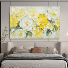 Load image into Gallery viewer, Yellow and White Floral Abstract Painting on Canvas - “Sunny Blooms” DKH696