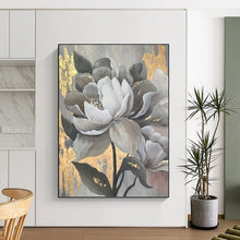 Load image into Gallery viewer, “Grey and Gold Floral Art” - Luxe Floral Abstract on Canvas DKH1620