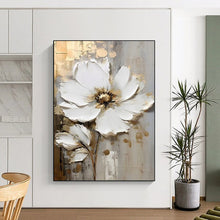 Load image into Gallery viewer, “Elegant Bloom” White flowers with gold accents on textured background. DTP300