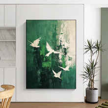Load image into Gallery viewer, “Green and White Bird Abstract” - Green, White Abstract Art on Canvas DKH1311