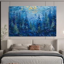 Load image into Gallery viewer, Blue Forest with Golden Highlights Abstract Painting on Canvas - “Mystic Pines” DKH672