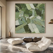 Load image into Gallery viewer, Grand Hand - painted Patchwork Green Textures Acrylic Art for Eclectic Lounges LargeART0201
