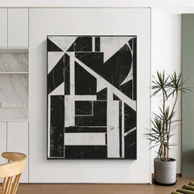 Load image into Gallery viewer, “Geometric Black - and - White Collage” - Black, White Abstract Geometric Art on Canvas DKH1151