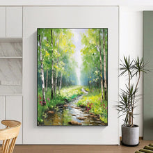 Load image into Gallery viewer, “Sunlit Forest Path with Stream” - Green, Yellow, Blue Landscape Art on Canvas DKH1266