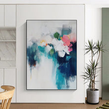 Load image into Gallery viewer, “Blended Blooms in Teal & Pink” Abstract Floral Painting on Canvas, Elegant Living Decor DKH996