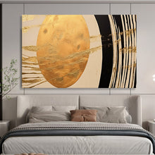 Load image into Gallery viewer, Hand - painted Gold Oval with Black and White Lines Acrylic Art for Art - Inspired Home Libraries LargeART1712
