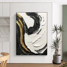 Load image into Gallery viewer, “Gilded Swirls” – Thick black, white, and gold impasto, dynamic curved strokes DTP381