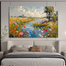 Load image into Gallery viewer, Riverbank “Serene Blossoms” Painting on Canvas, Idyllic Landscape Decor DKH833
