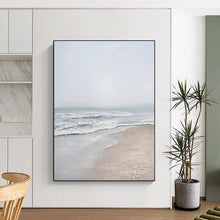 Load image into Gallery viewer, “Serene Shore” ,Soft gray - blue sky, gentle blue and white waves, beige sand, creating a calm beach scene. DTP310