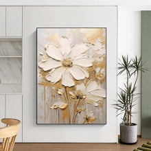 Load image into Gallery viewer, “Gilded White Floral Impasto” - Gold and White Flower Art on Canvas DKH1395