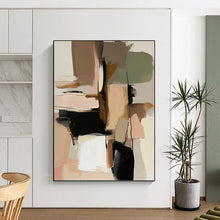 Load image into Gallery viewer, “Neutral Color Block Collage” - Beige, Black, Green, Pink Abstract Art on Canvas DKH1240