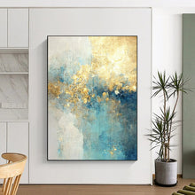 Load image into Gallery viewer, “Aqua Gold Cascade” – Blue, Aqua & Gold Abstract Acrylic with Flowing Textures DTP077