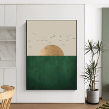 Load image into Gallery viewer, Beige, Gold & Green Minimalist Abstract Painting, Suited for Scandinavian - Style Living Room & Modern Hallway LargeART1921