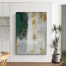 Load image into Gallery viewer, “Green, Grey & Gold Textured Abstract” - Luxe Abstract Art on Canvas DKH1518