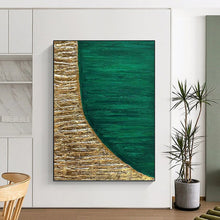 Load image into Gallery viewer, “Gold and Emerald Half - Moon” - Green, Gold Abstract Art on Canvas DKH1219