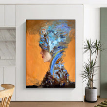 Load image into Gallery viewer, “Color - Stacked Headdress Figure” – Orange background, with blue, brown, and other colors stacked to form a headdress and clothing. DTP348