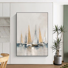 Load image into Gallery viewer, “Gilded Sailboats at Sea” - Grey, Gold, and Blue Nautical Art on Canvas DKH1416