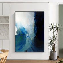 Load image into Gallery viewer, “Blue and White Flow” Abstract Ink - Inspired Painting on Canvas, Serene Minimalist Art DKH941