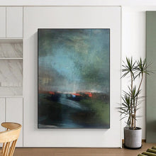 Load image into Gallery viewer, “Moody Abstract Landscape” - Dark Green, Blue, and Red Art on Canvas DKH1408
