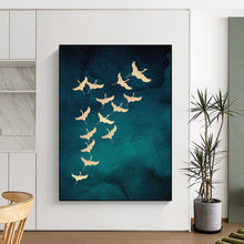 Load image into Gallery viewer, Teal & Gold Cranes Abstract Painting, Ideal for Elegant Dining Room & Cultural Art Gallery LargeART1919