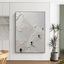 Load image into Gallery viewer, “Impasto Mountain Climbers” ,White impasto mountains with tiny black climbers and their trails. DTP317
