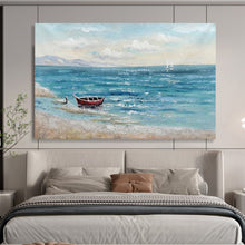Load image into Gallery viewer, “Seaside Solitude with Red Boat” - Coastal Abstract Acrylic, Good for Beach House and Nautical - Themed Room DLZ224