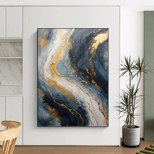 Load image into Gallery viewer, “Blue and Gold Marble - Like Abstract” - Modern Abstract Art on Canvas DKH1599