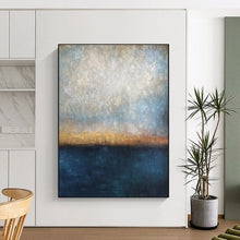 Load image into Gallery viewer, Blue, Gray & Gold Coastal Sunset Abstract Painting, Ideal for Beach House Living Room & Relaxing Balcony Area LargeART1983