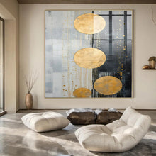 Load image into Gallery viewer, Gold Circles on Gray Abstract Canvas Painting, Great for Minimalist Office & Upscale Retail Space LargeART1241