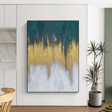 Load image into Gallery viewer, “Teal - Gold Dripping Horizons” - Teal, Gold, White Abstract Art on Canvas DKH1235
