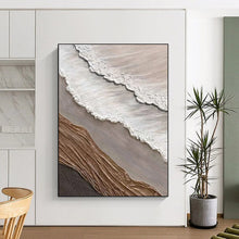 Load image into Gallery viewer, “Multi - Material Coastal Collage” – White, brown, gray, and other colors, with fabric and plaster to mimic a coastal scene. DTP344