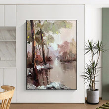 Load image into Gallery viewer, “Pastel Riverbank Forest Scene” - Pastel Multicolor Landscape Art on Canvas DKH1296