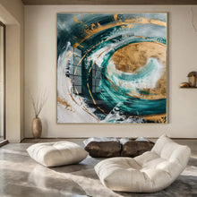 Load image into Gallery viewer, Teal, Gold & White Abstract Swirl Canvas Painting, Suited for Coastal - Inspired Living Room & Art - Filled Wellness Studio LargeART1250