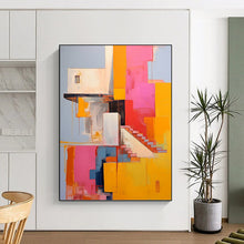 Load image into Gallery viewer, “Vibrant Architectural Abstract” - Pink, Yellow, Blue Abstract Art on Canvas DKH1323