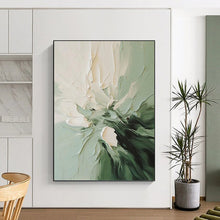 Load image into Gallery viewer, “Textured Green and White Flower” - Green, White Abstract Floral Art on Canvas DKH1185