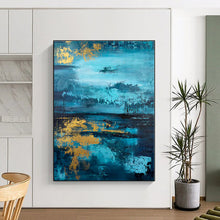 Load image into Gallery viewer, Large - Format Blue - Gold Lake Reflection Art for Lakeside Home & Luxury Hotel LargeART0446