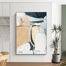 Load image into Gallery viewer, “Beige, Blue & Black Line Abstract” - Minimalist Abstract Art on Canvas DKH1523