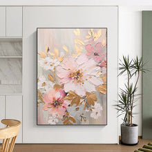 Load image into Gallery viewer, “Blush and Gold Floral Impasto” - Pink, Gold, and White Flower Art on Canvas DKH1390